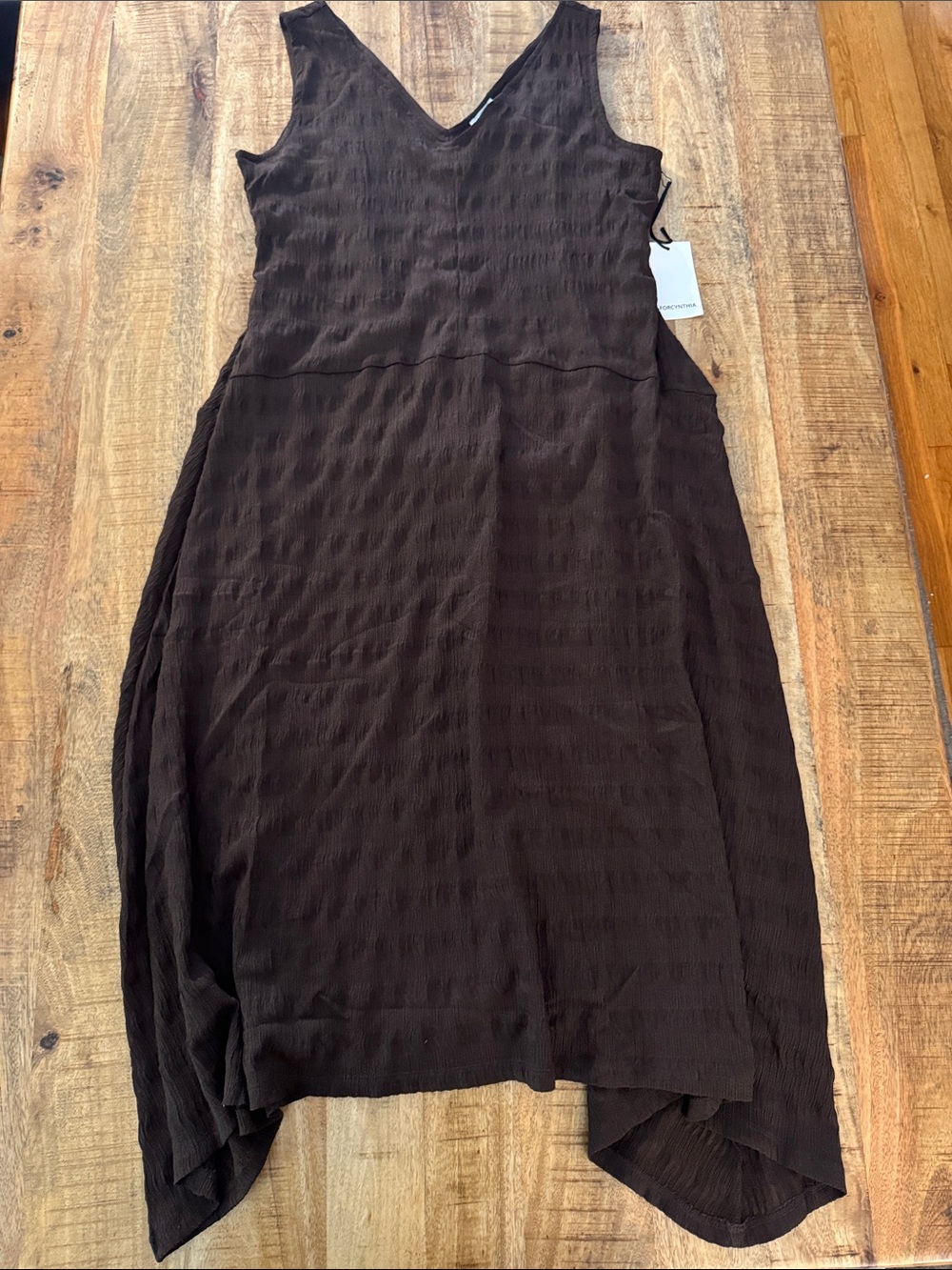 FORCYNTHIA Sleeveless V-Neck Brown Women's Dress midi assymetric hem NEW LARGE